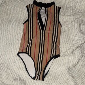 Burberry Tan and Black One Piece Swimsuit with High Neck